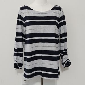 Talbots Size L Grey Navy Cotton Round Neck Women's Blouse with 3/4 Gathered Slee